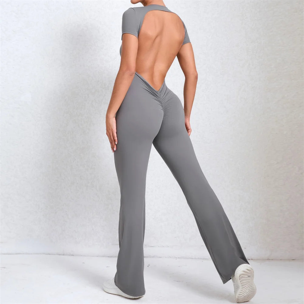 2025 Women's Backless Yoga Set – Padded Short Sleeve Top & High-Waist Leggings
