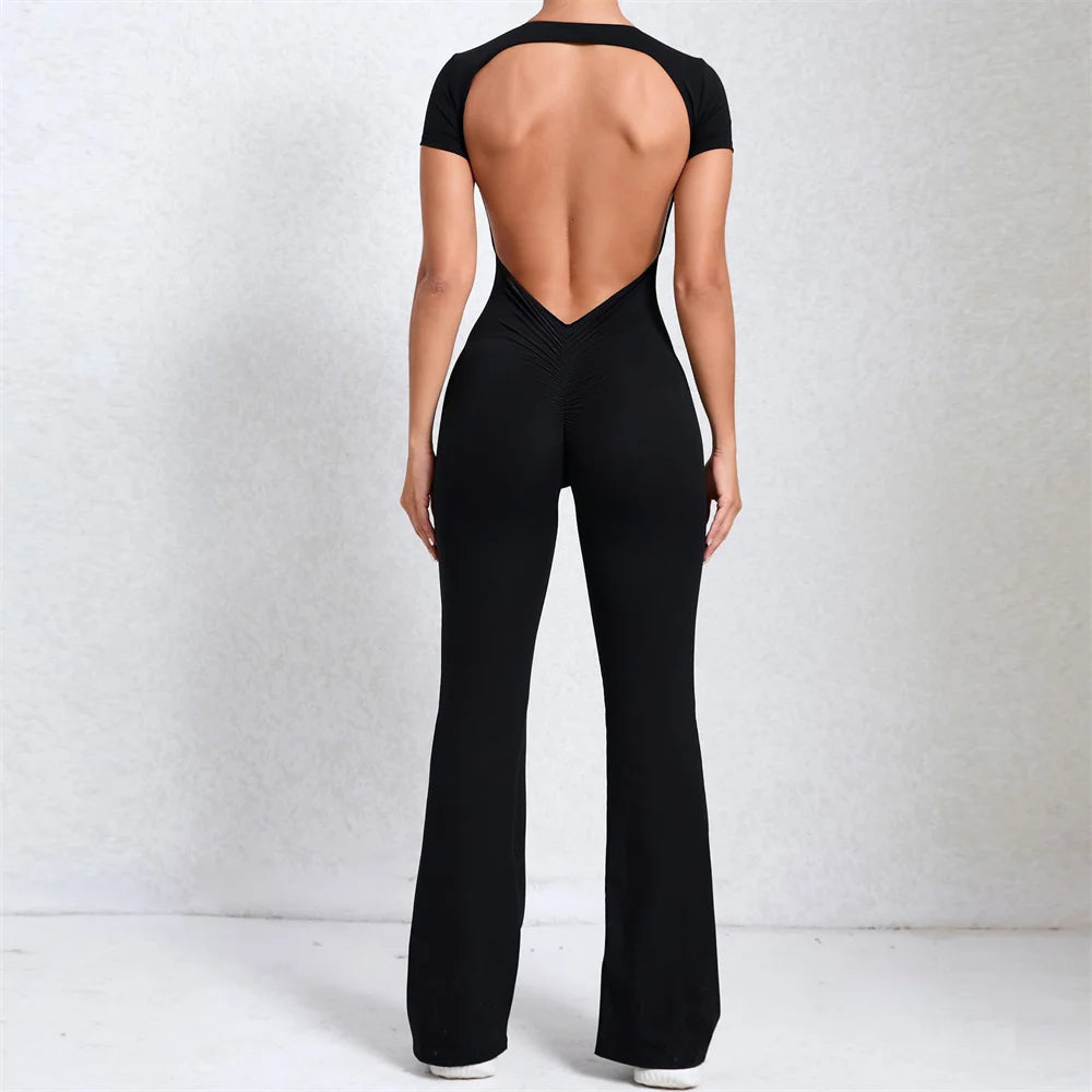 2025 Women's Backless Yoga Set – Padded Short Sleeve Top & High-Waist Leggings