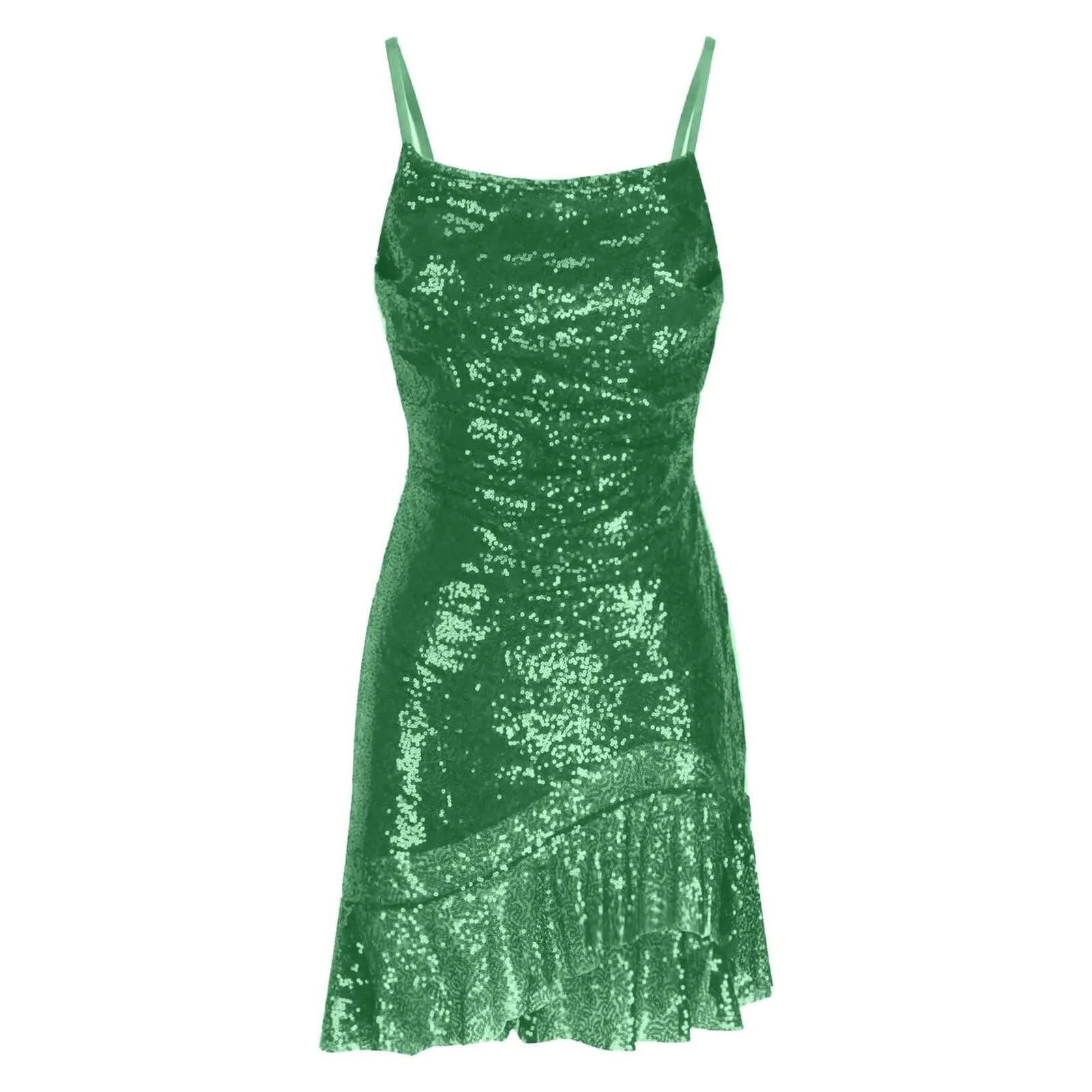 "Glam Sequin Ruffle Party Dress – Sexy Slim Fit with Cross-Tie Back & Irregular Hem"