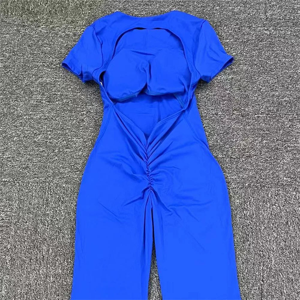 2025 Women's Backless Yoga Set – Padded Short Sleeve Top & High-Waist Leggings