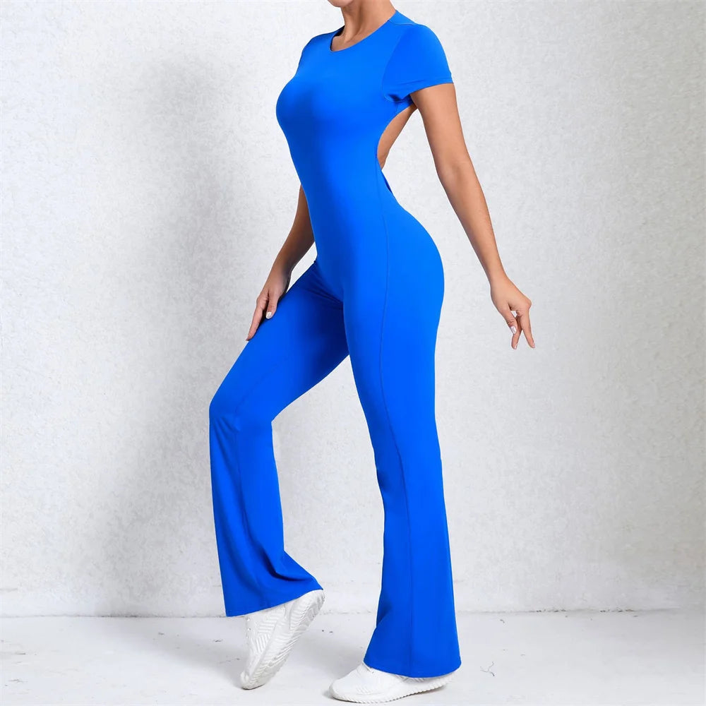 2025 Women's Backless Yoga Set – Padded Short Sleeve Top & High-Waist Leggings