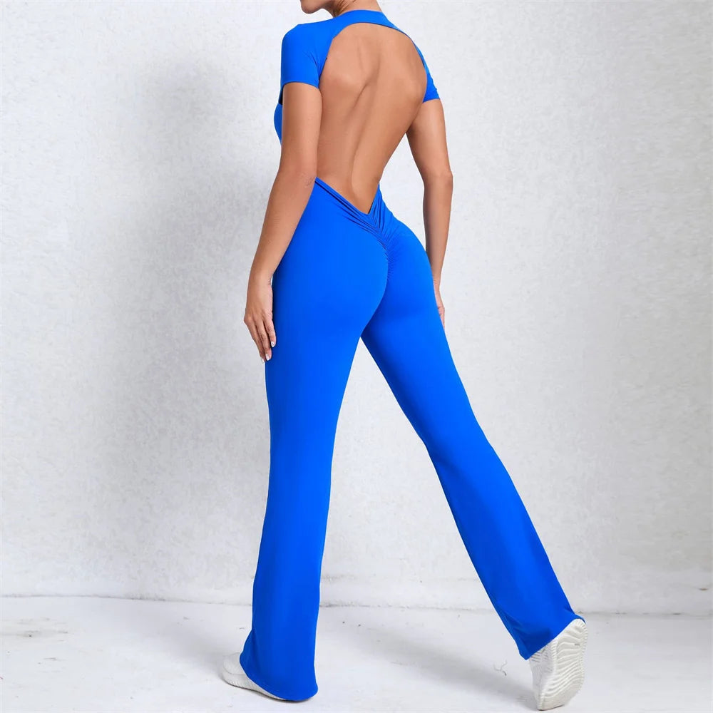 2025 Women's Backless Yoga Set – Padded Short Sleeve Top & High-Waist Leggings