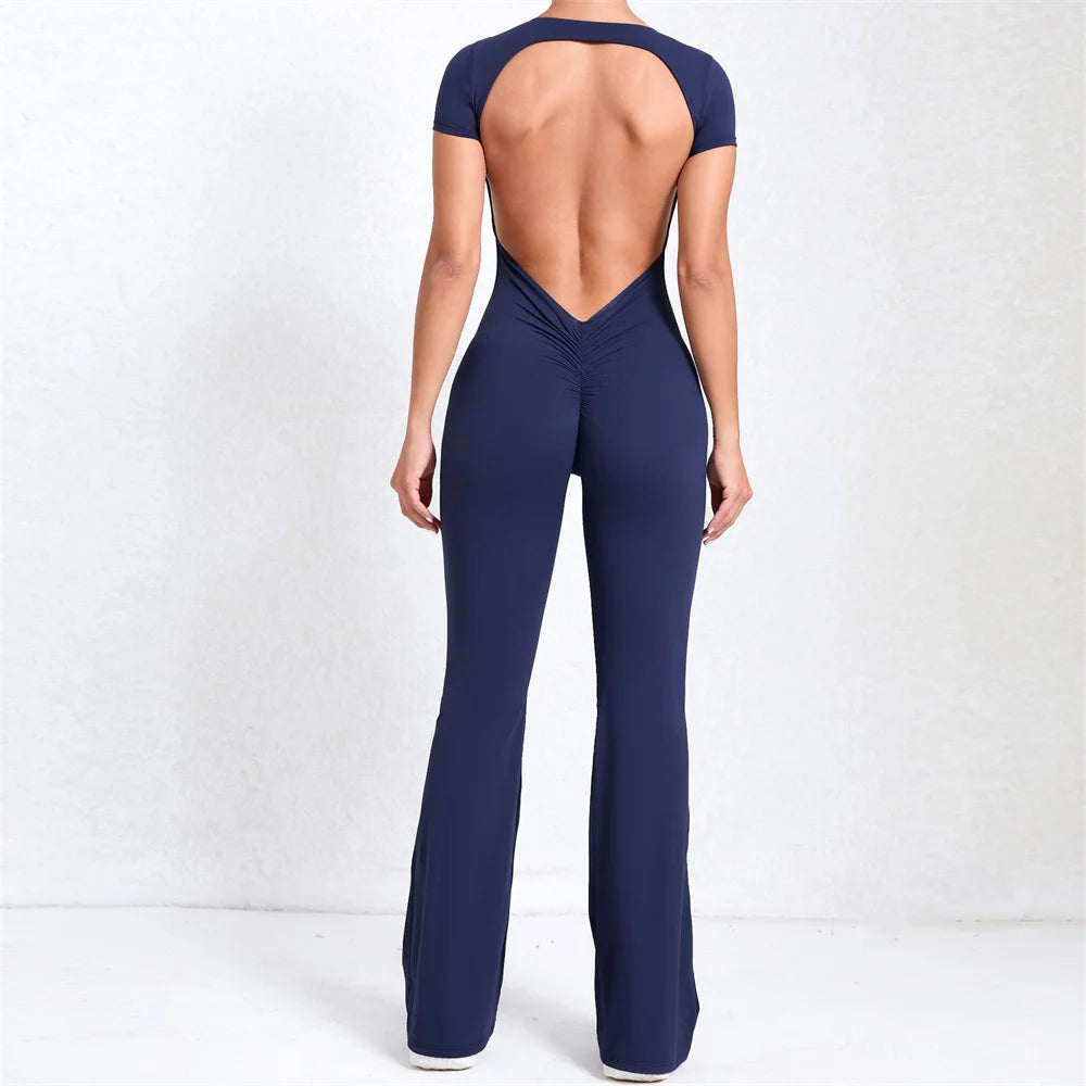 2025 Women's Backless Yoga Set – Padded Short Sleeve Top & High-Waist Leggings