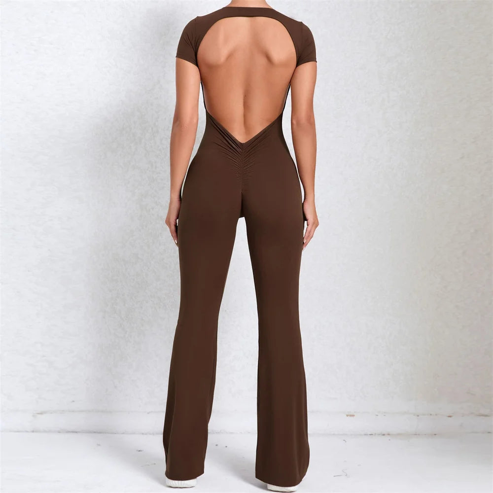 2025 Women's Backless Yoga Set – Padded Short Sleeve Top & High-Waist Leggings