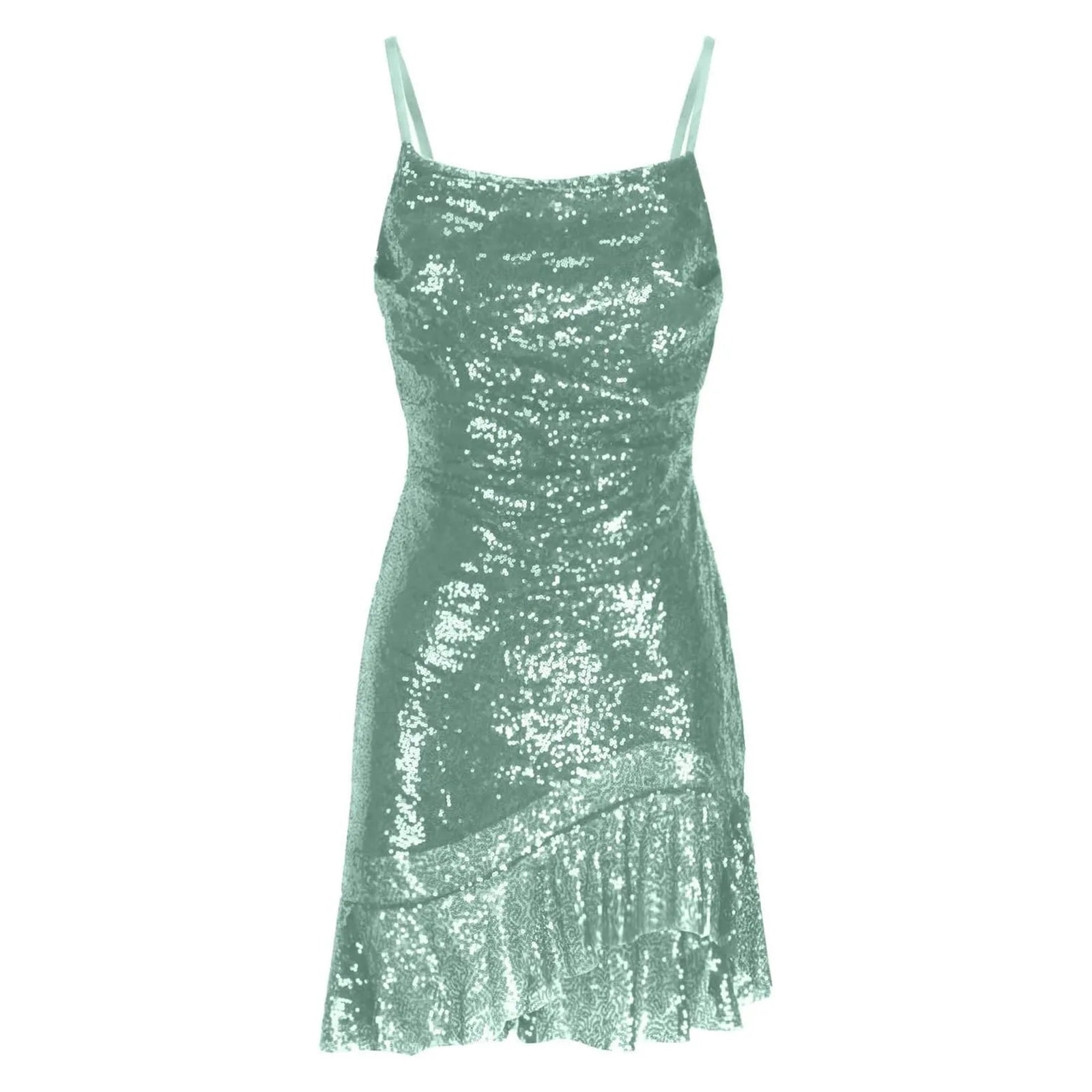 "Glam Sequin Ruffle Party Dress – Sexy Slim Fit with Cross-Tie Back & Irregular Hem"