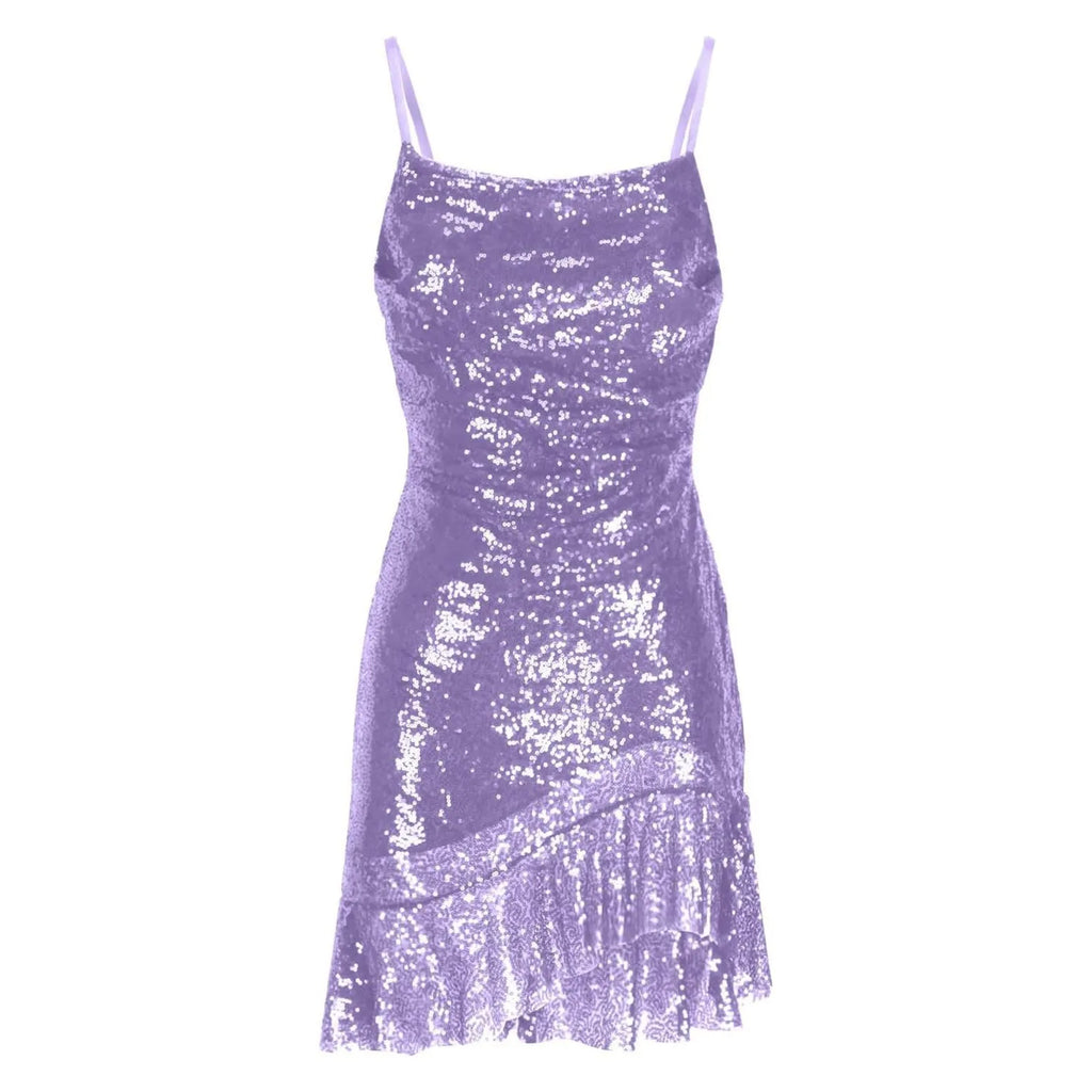 "Glam Sequin Ruffle Party Dress – Sexy Slim Fit with Cross-Tie Back & Irregular Hem"
