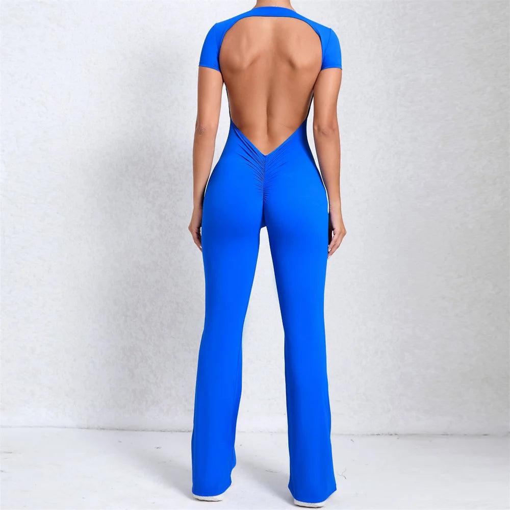 2025 Women's Backless Yoga Set – Padded Short Sleeve Top & High-Waist Leggings