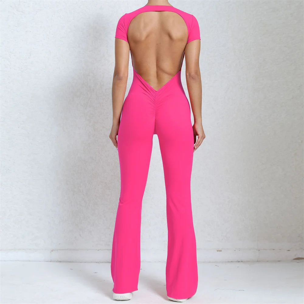 2025 Women's Backless Yoga Set – Padded Short Sleeve Top & High-Waist Leggings