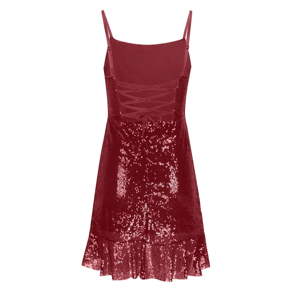 "Glam Sequin Ruffle Party Dress – Sexy Slim Fit with Cross-Tie Back & Irregular Hem"