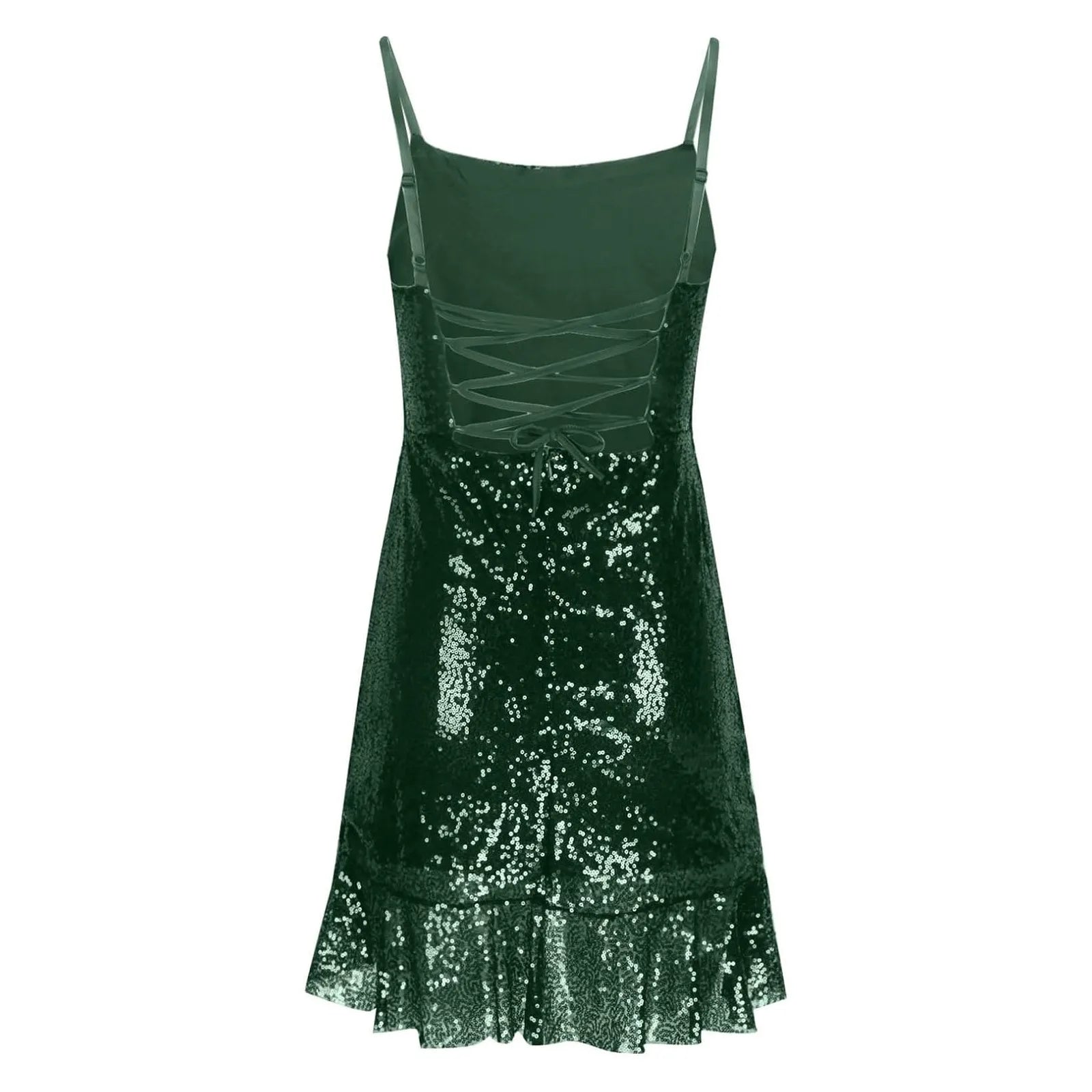 "Glam Sequin Ruffle Party Dress – Sexy Slim Fit with Cross-Tie Back & Irregular Hem"