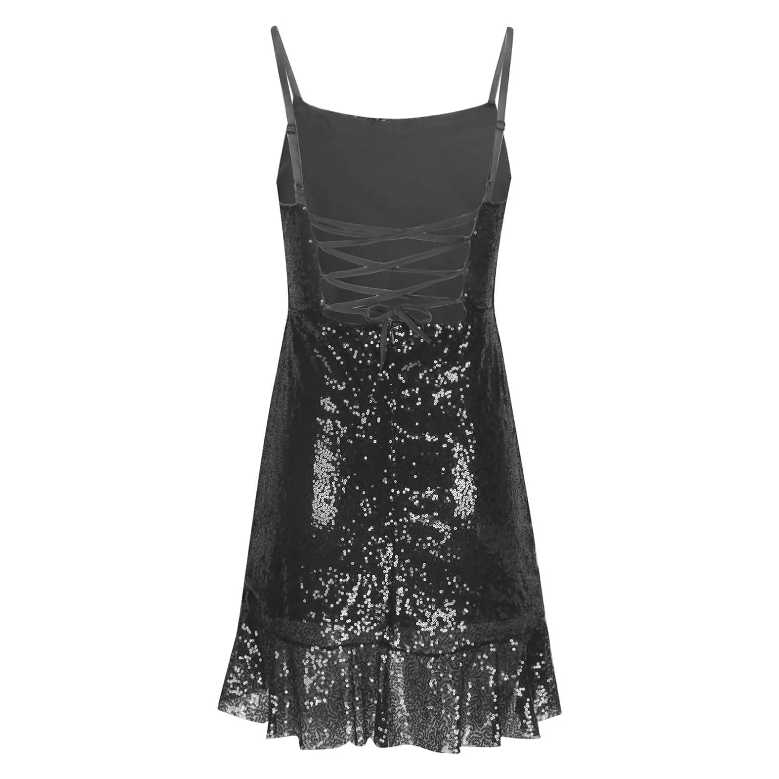 "Glam Sequin Ruffle Party Dress – Sexy Slim Fit with Cross-Tie Back & Irregular Hem"