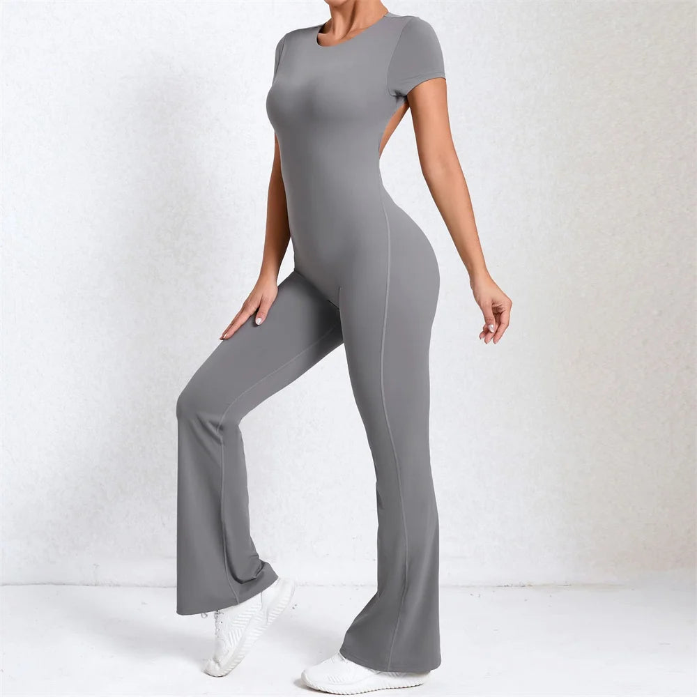 2025 Women's Backless Yoga Set – Padded Short Sleeve Top & High-Waist Leggings