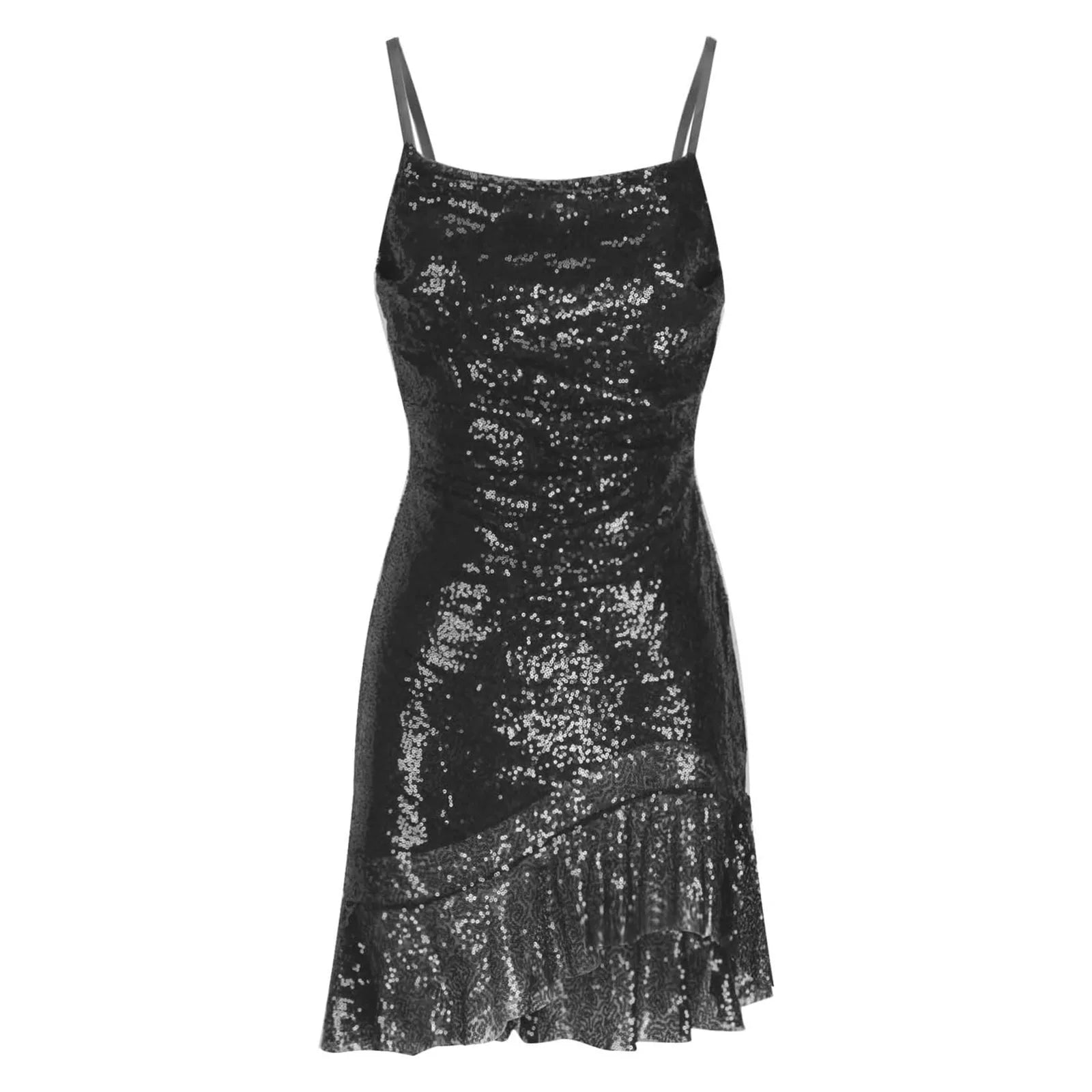 "Glam Sequin Ruffle Party Dress – Sexy Slim Fit with Cross-Tie Back & Irregular Hem"