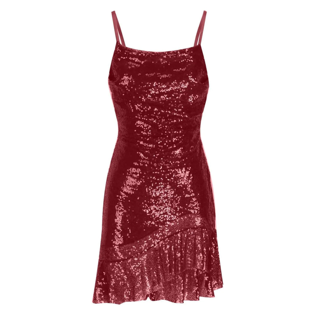 "Glam Sequin Ruffle Party Dress – Sexy Slim Fit with Cross-Tie Back & Irregular Hem"