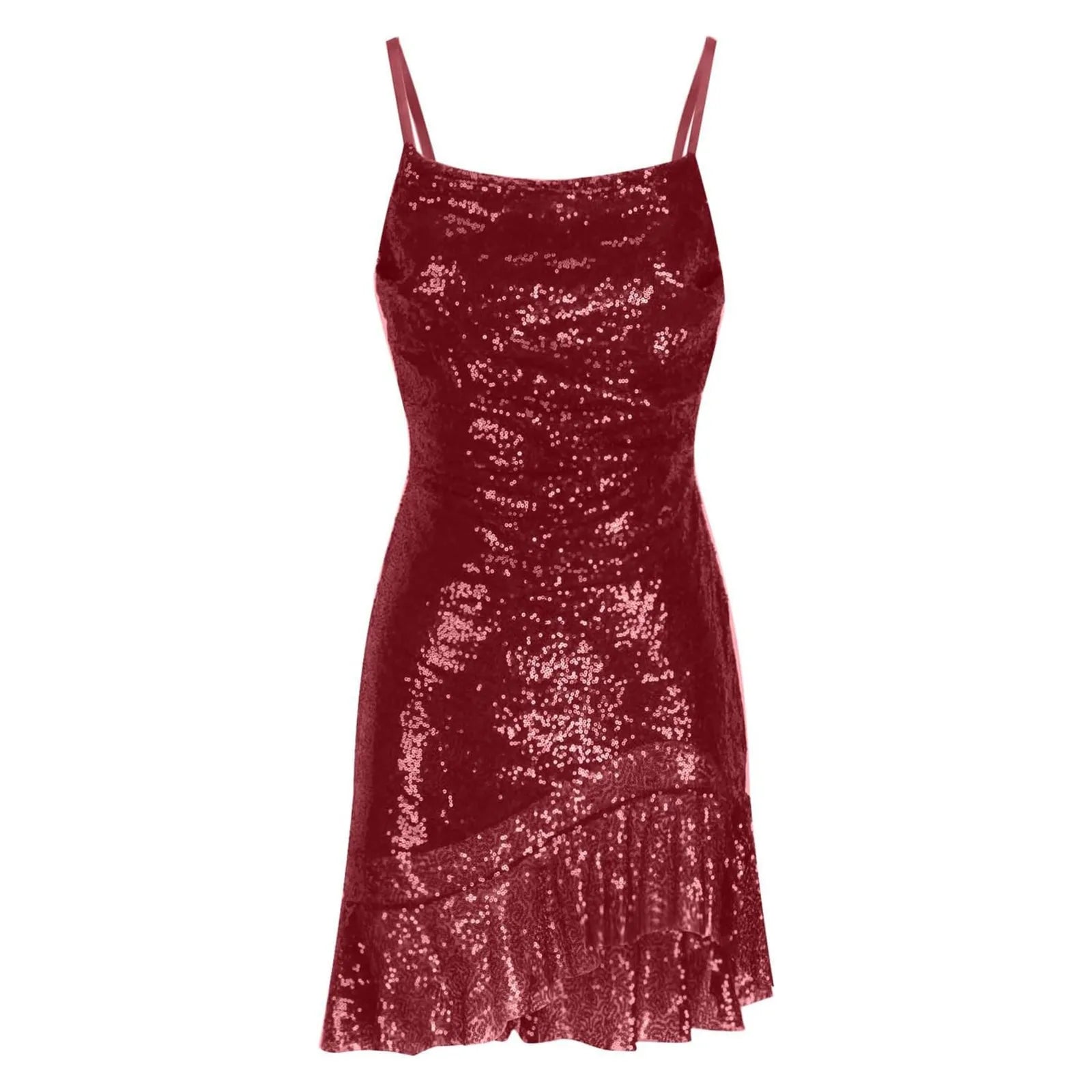 "Glam Sequin Ruffle Party Dress – Sexy Slim Fit with Cross-Tie Back & Irregular Hem"
