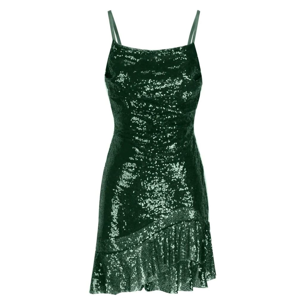 "Glam Sequin Ruffle Party Dress – Sexy Slim Fit with Cross-Tie Back & Irregular Hem"