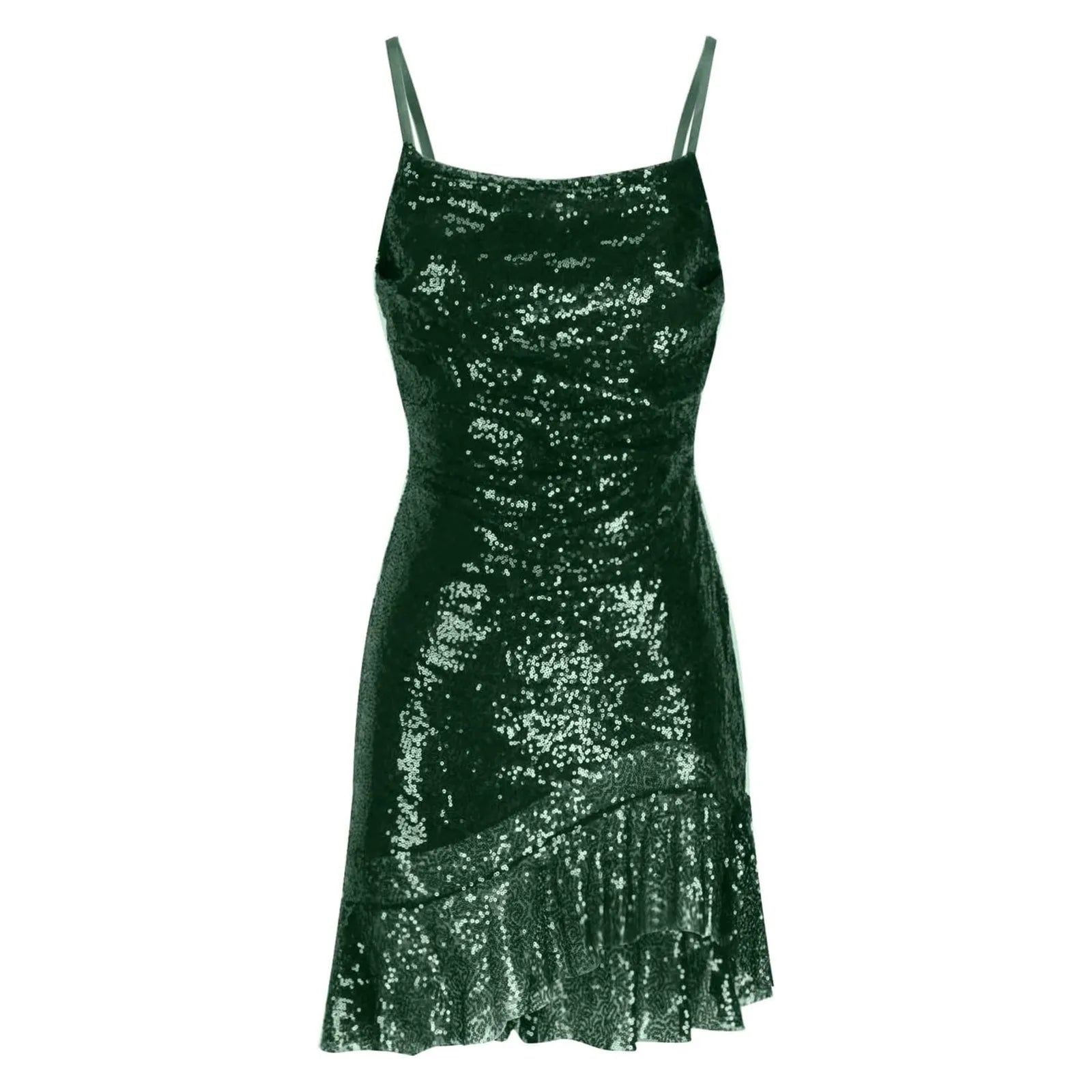"Glam Sequin Ruffle Party Dress – Sexy Slim Fit with Cross-Tie Back & Irregular Hem"