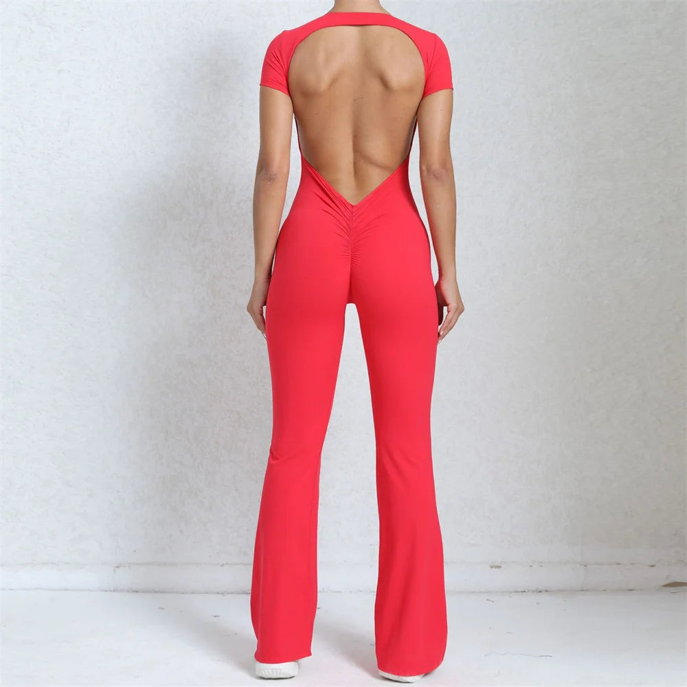 2025 Women's Backless Yoga Set – Padded Short Sleeve Top & High-Waist Leggings