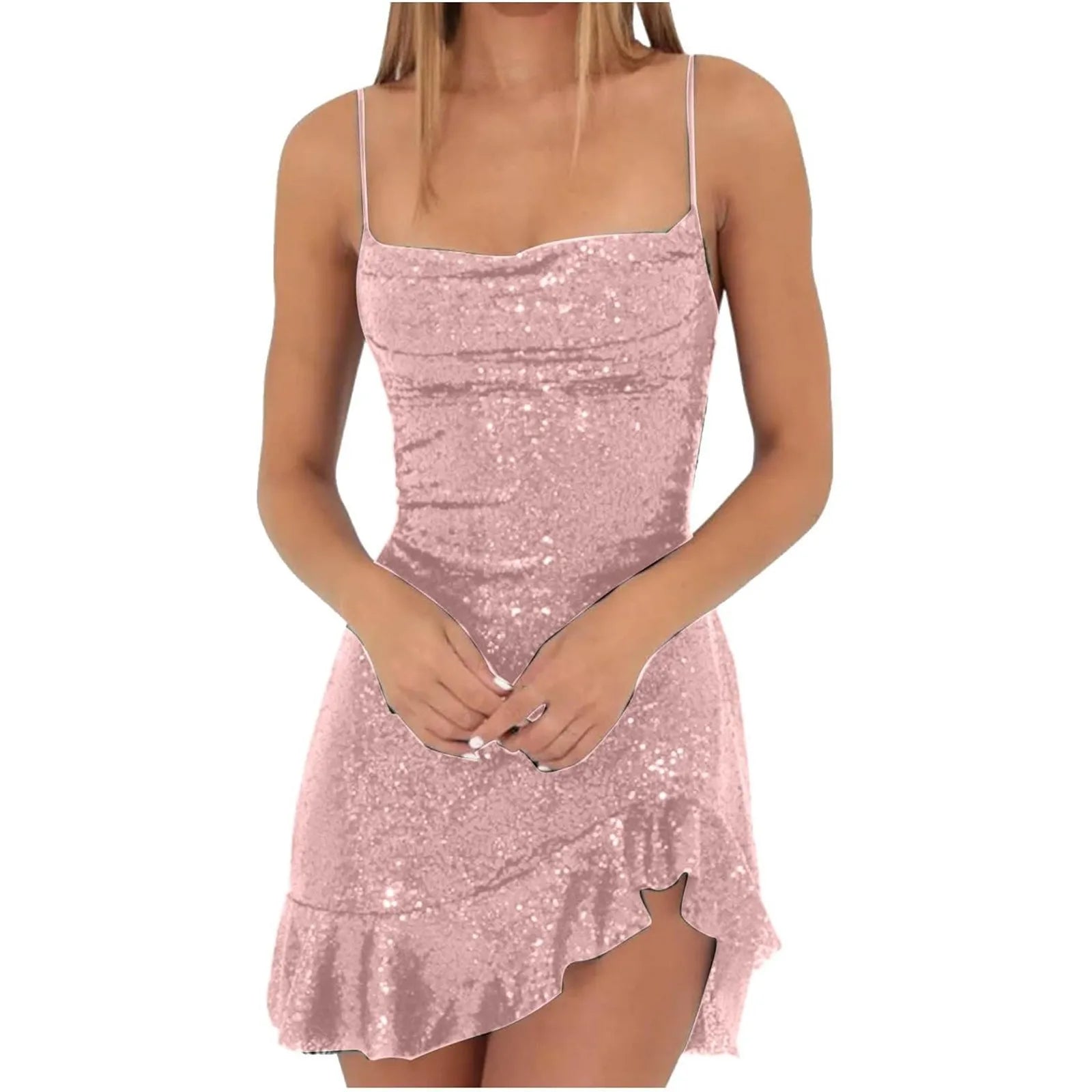 "Glam Sequin Ruffle Party Dress – Sexy Slim Fit with Cross-Tie Back & Irregular Hem"
