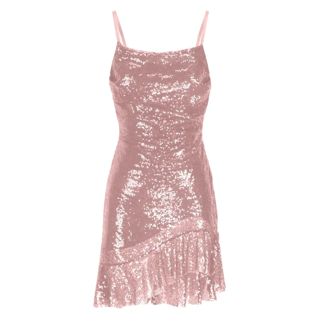 "Glam Sequin Ruffle Party Dress – Sexy Slim Fit with Cross-Tie Back & Irregular Hem"