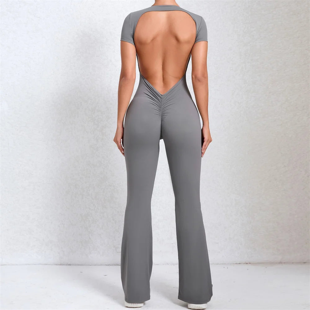 2025 Women's Backless Yoga Set – Padded Short Sleeve Top & High-Waist Leggings