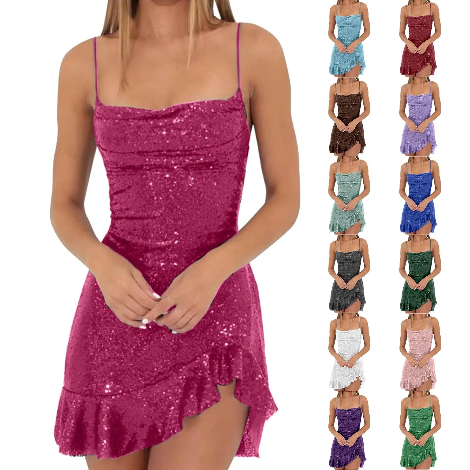 "Glam Sequin Ruffle Party Dress – Sexy Slim Fit with Cross-Tie Back & Irregular Hem"