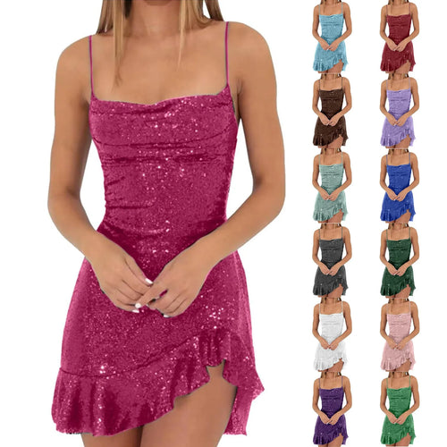 "Glam Sequin Ruffle Party Dress – Sexy Slim Fit with Cross-Tie Back & Irregular Hem"